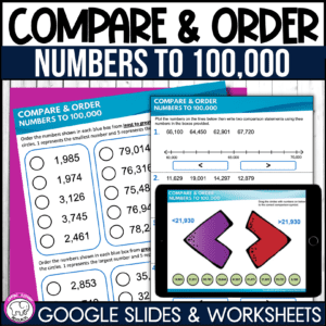 Math worksheets with questions about comparing and ordering numbers to 100,000 and an ipad with a place value to 100,000 activity.