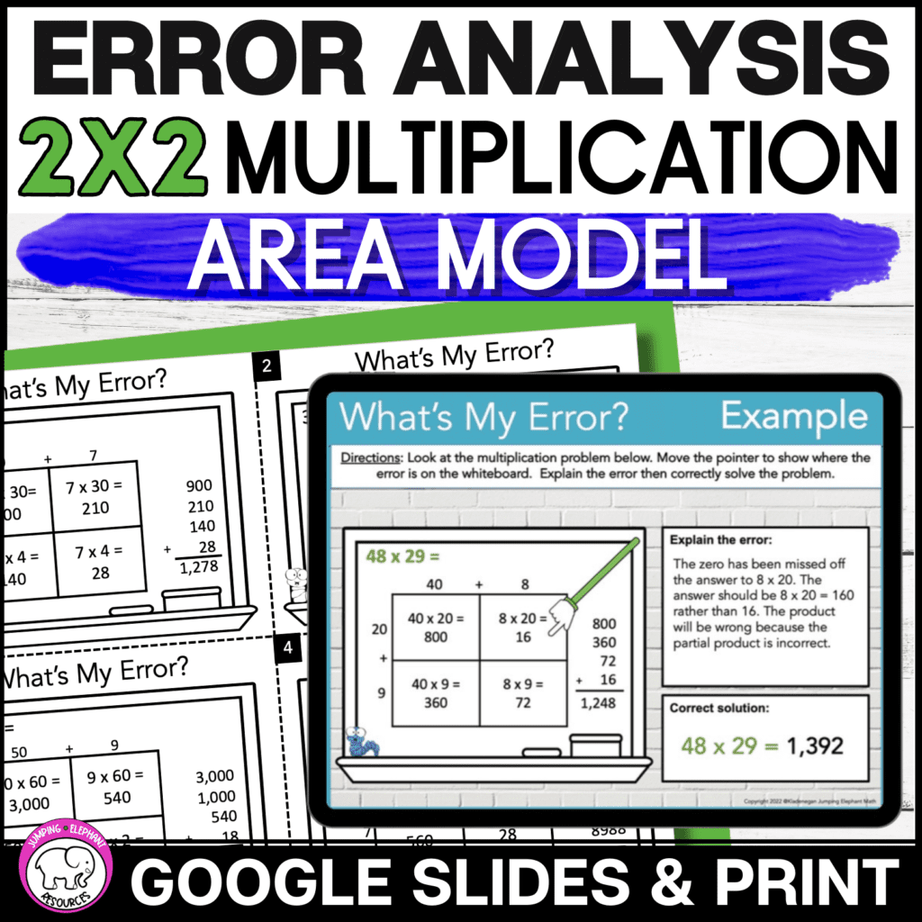 2 digit by 2 digit area model multiplication error analysis task cards and ipad with digital version of the activity