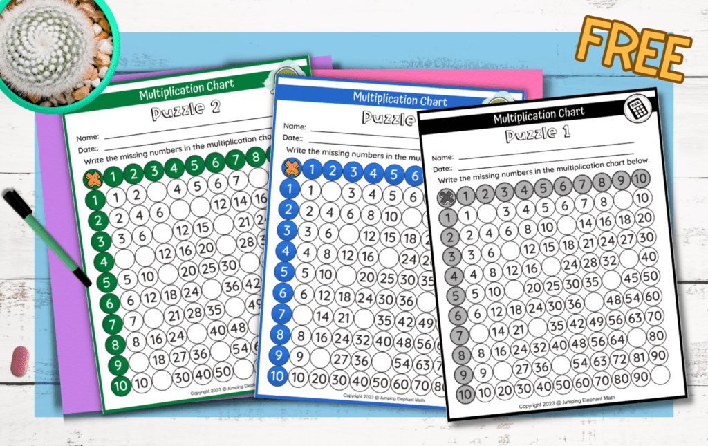 Multiplication fact worksheets in colour and black and white on a desk with a plant and pen. The word free is in the top right corner.