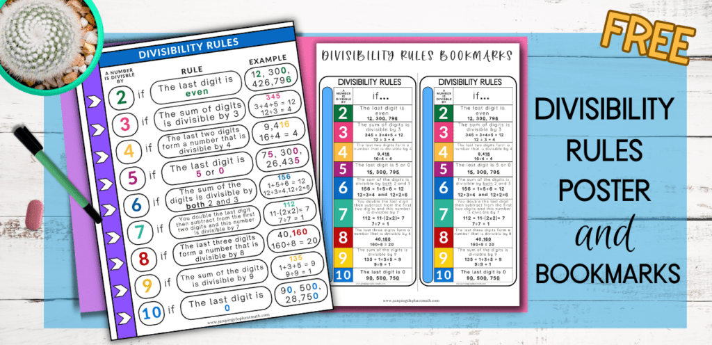 a poster of rules for division and a set of divisibility rules bookmarks on a white wooden desk