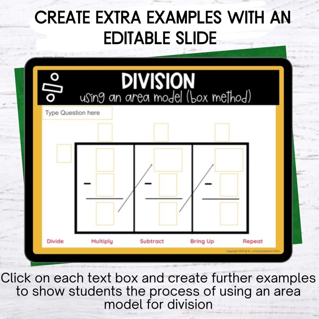 An ipad with a blank box method template for calculating division