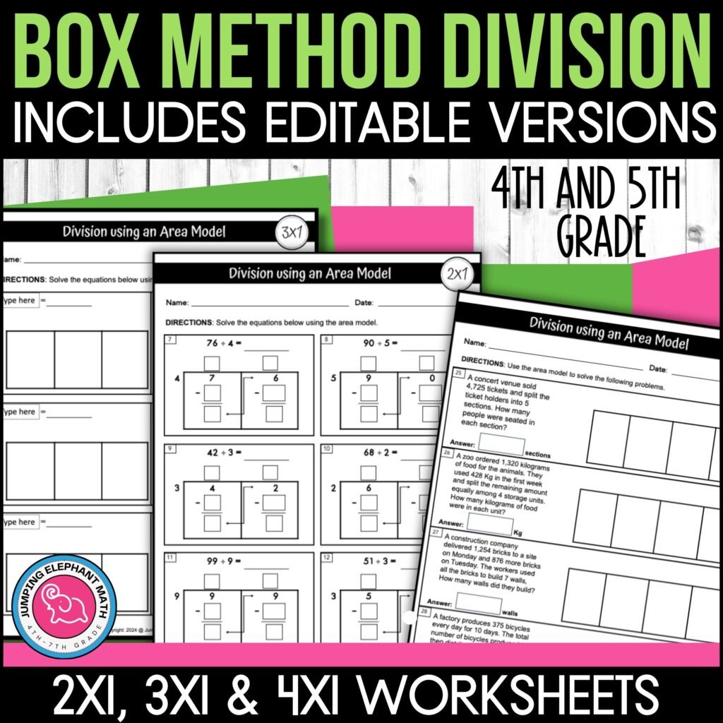 3 division worksheets showing the box method for calculating answers