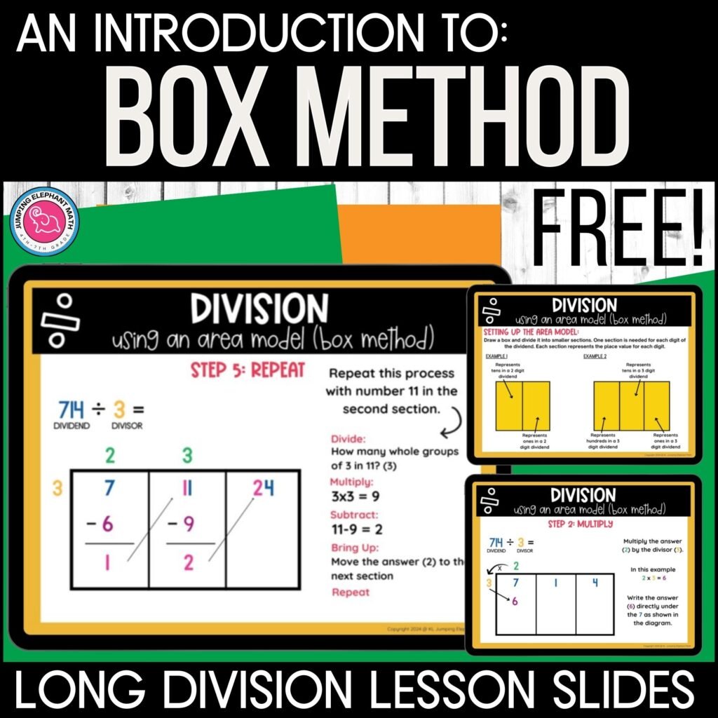 3 google slides showing steps for calculating a 3 digit by 1 digit division problem using the box method division