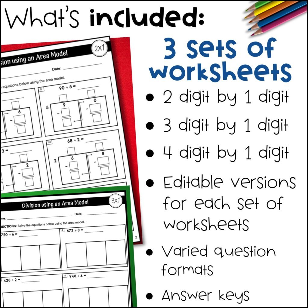 2 worksheets with questions for box method division with a list of what is included in the resource.