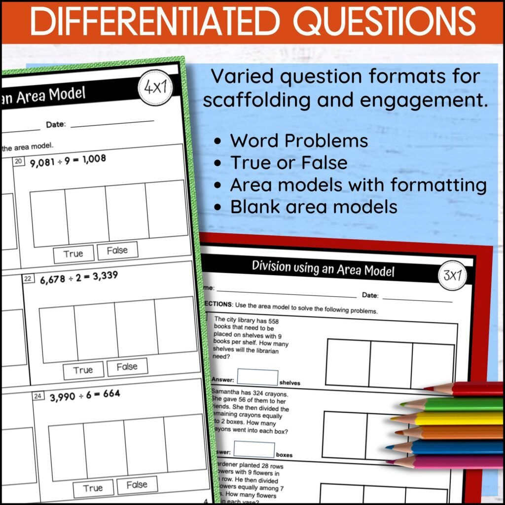 2 worksheets with questions for box method division with a list of what is included in the resource.