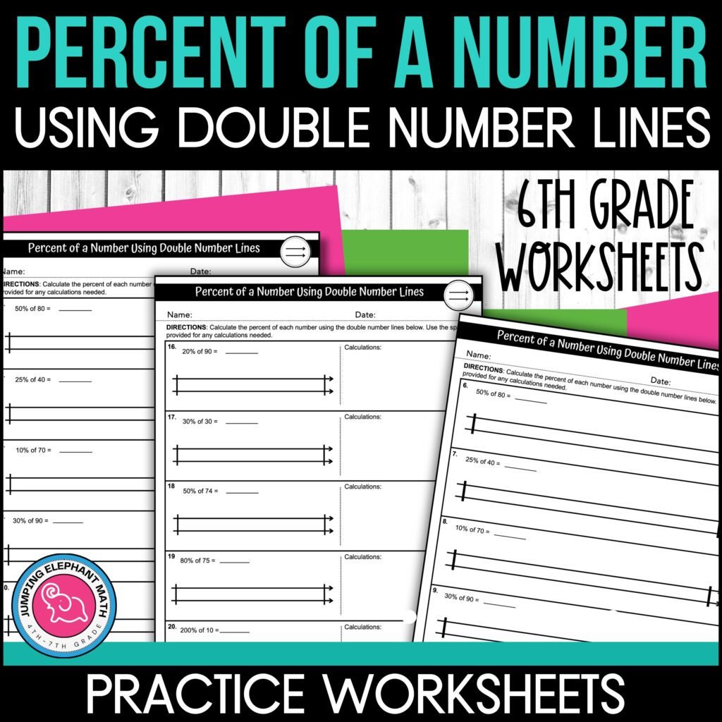 3 maths worksheets for percent of a number using double number lines