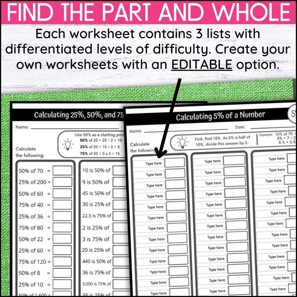 2 maths worksheets for benchmark percentages