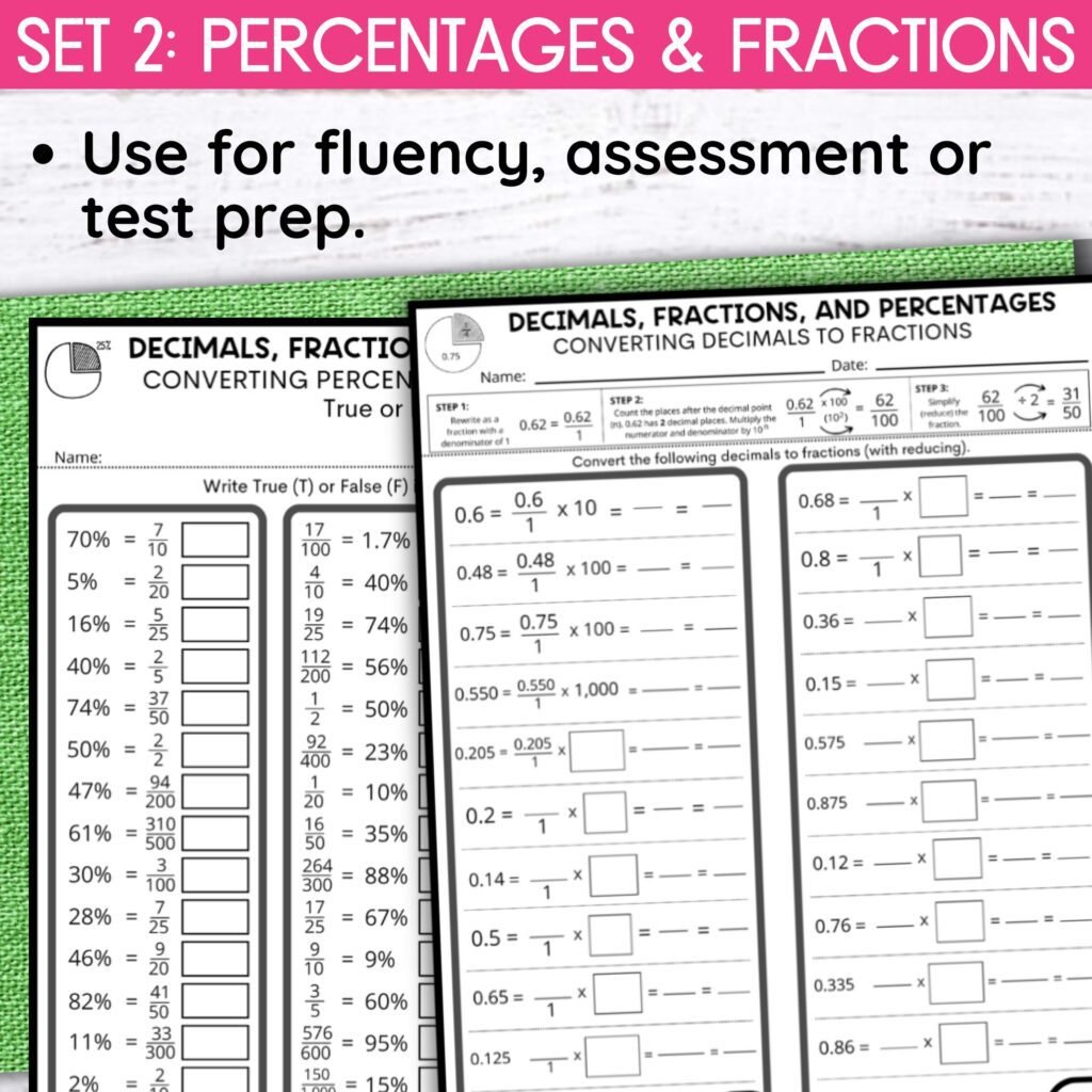 two overlapping math worksheets for converting decimals fractions and percentages