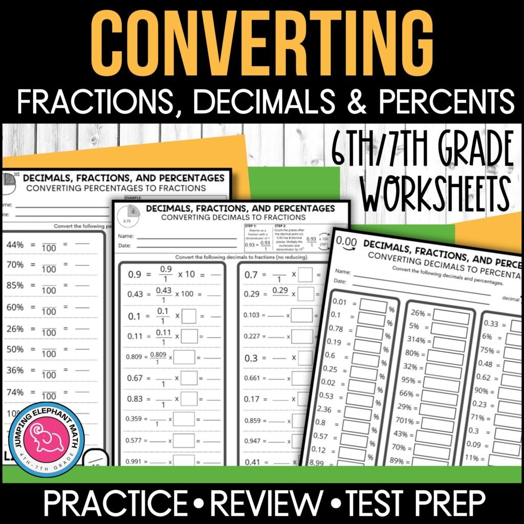 three overlapping math worksheets for converting decimals fractions and percentages